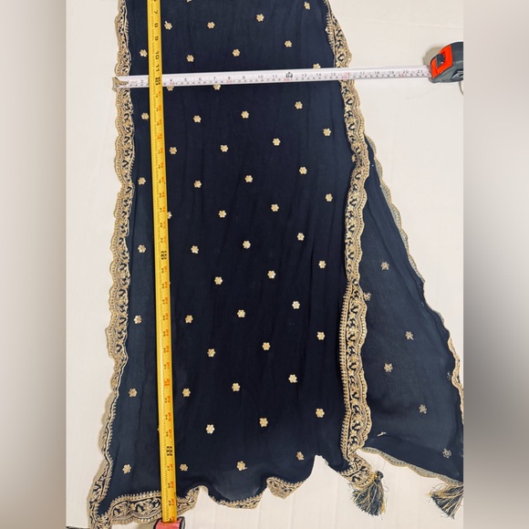 Boho Embroidered Kurta Tunic Dress Set Navy Gold Dupatta Festival L Ethnic - Picture 11 of 12